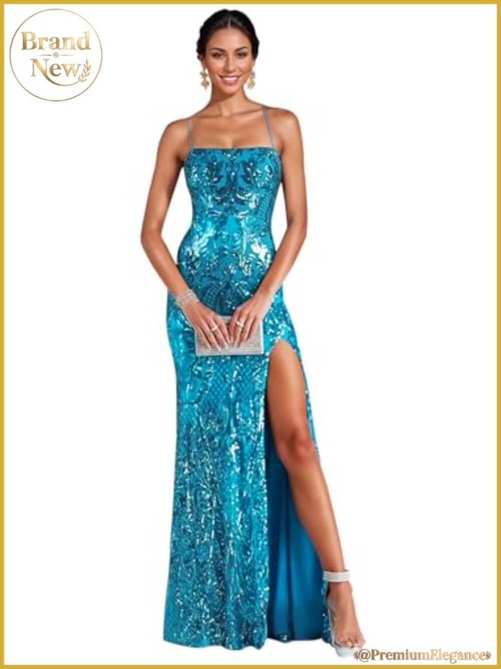 Sequin Embellished Formal Gown Evening Dress High Slit Prom Party